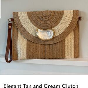 Tan and Cream Straw Clutch with Wristlet